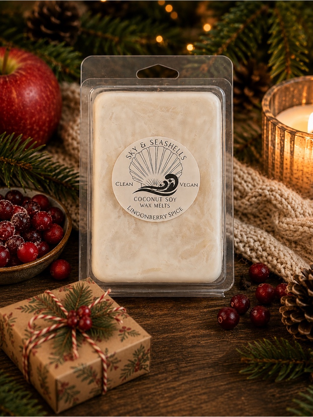 Hand Crafted “Lingonberry Spice” Scented Coconut Soy Wax Melts (Seashell-Shaped)